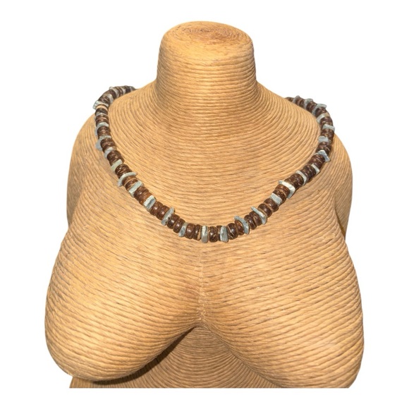 Brown Wood Beads with Turquoise Chips  LS - Picture 2 of 2